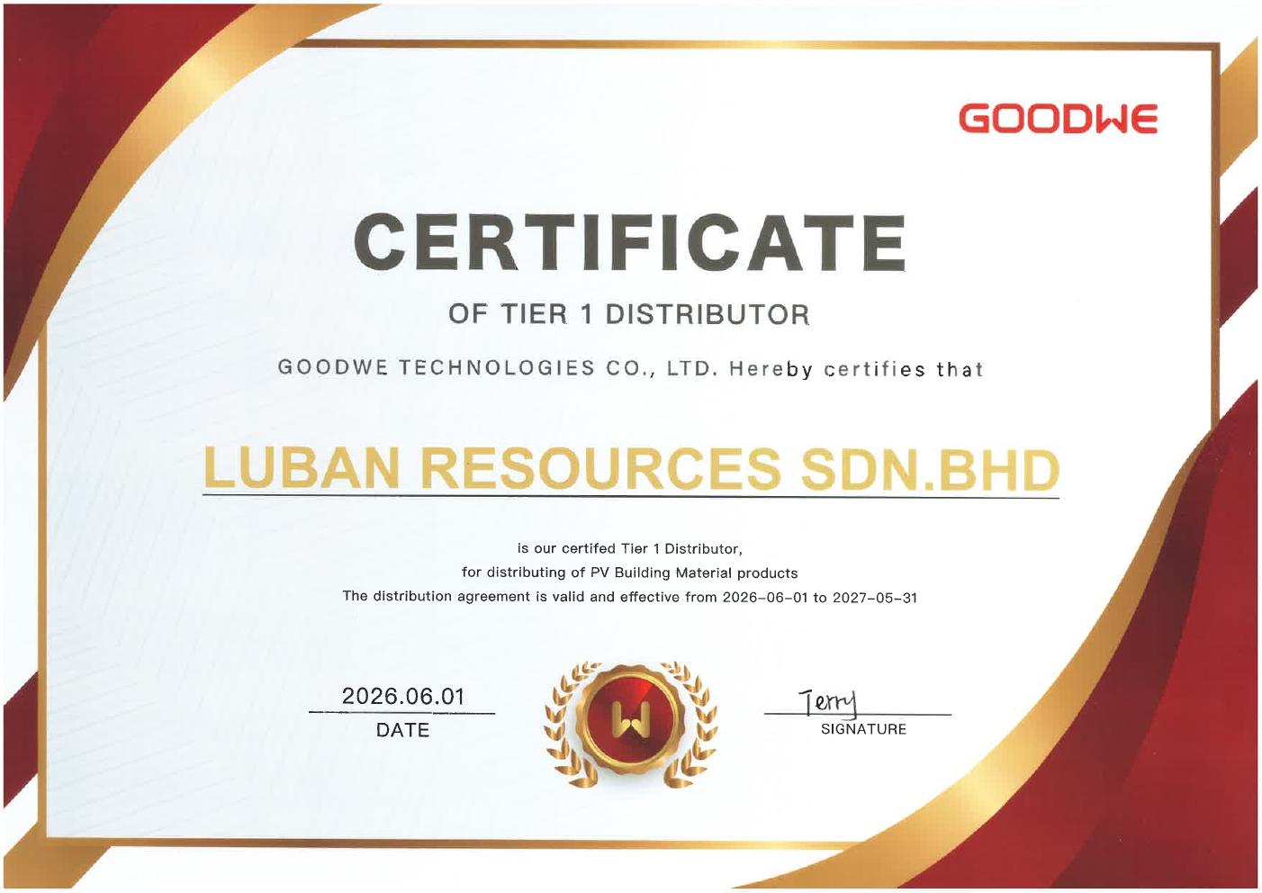 GoodWe Tier 1 Distributor certificate issued to Luban Resources Sdn. Bhd.
